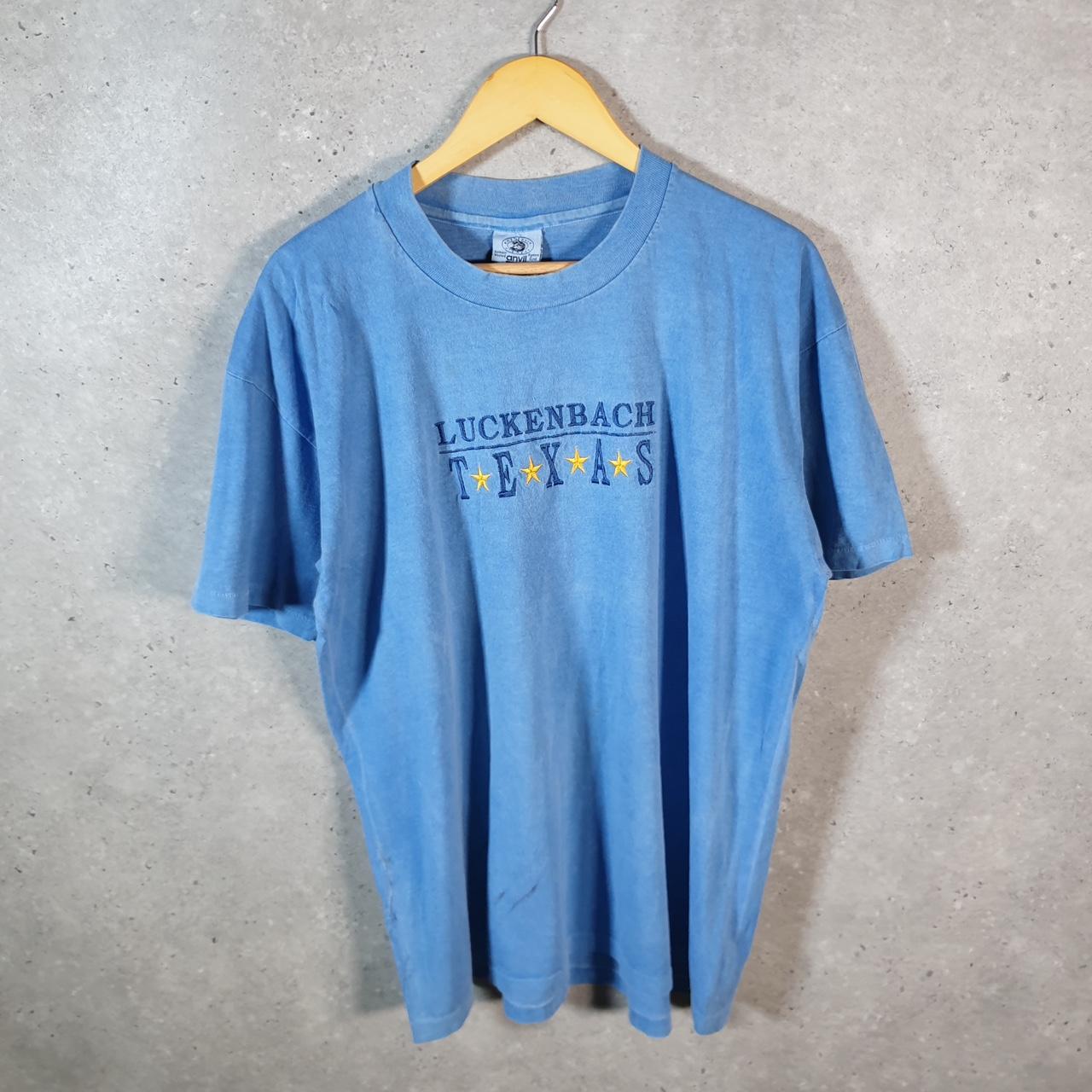 Vintage Anvil Luckenback Texas Embroidered USA 90s Single Stitch T Shirt Men’s Large Blue C9448