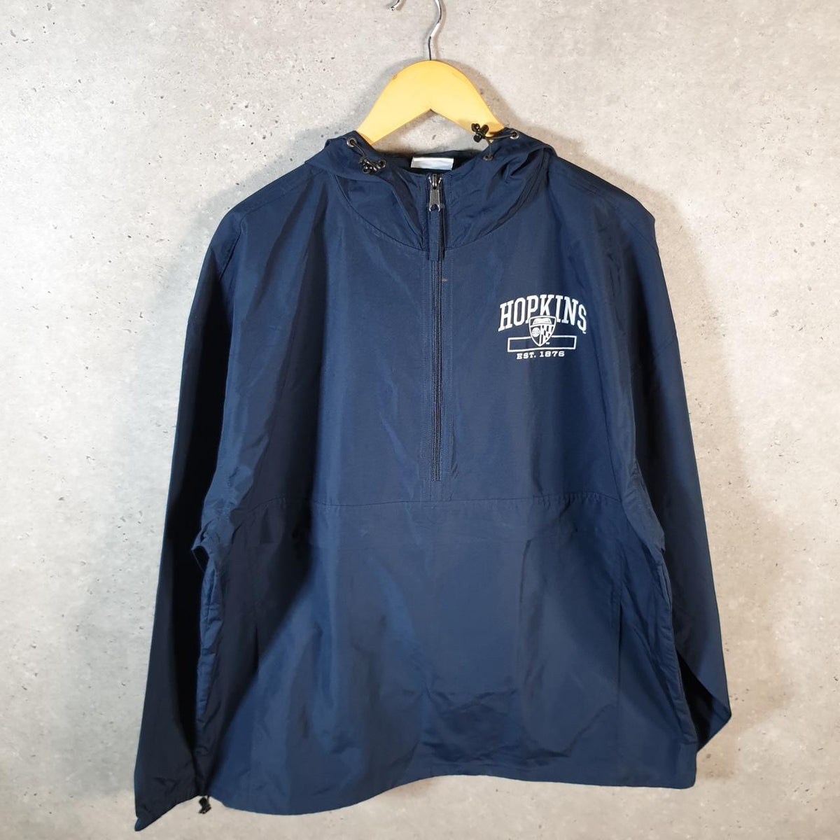 Vintage Champion Windbreaker Track Jacket Mens 2XL Navy Blue Logo 1/4 Zip Hooded