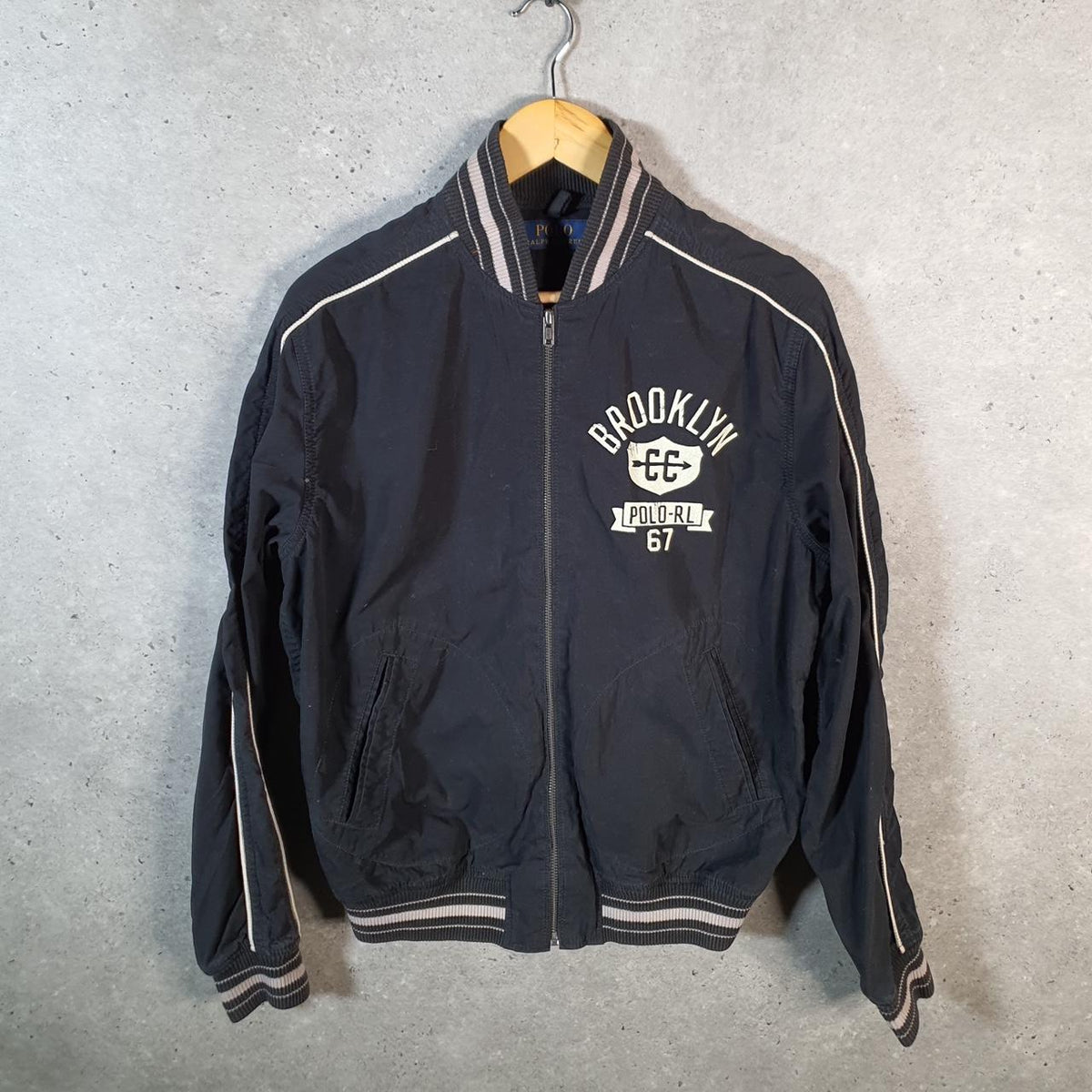 Vintage Ralph Lauren Polo Harrington Bomber Jacket Men’s Medium Black Pony Full Zip Big Fish Vintage