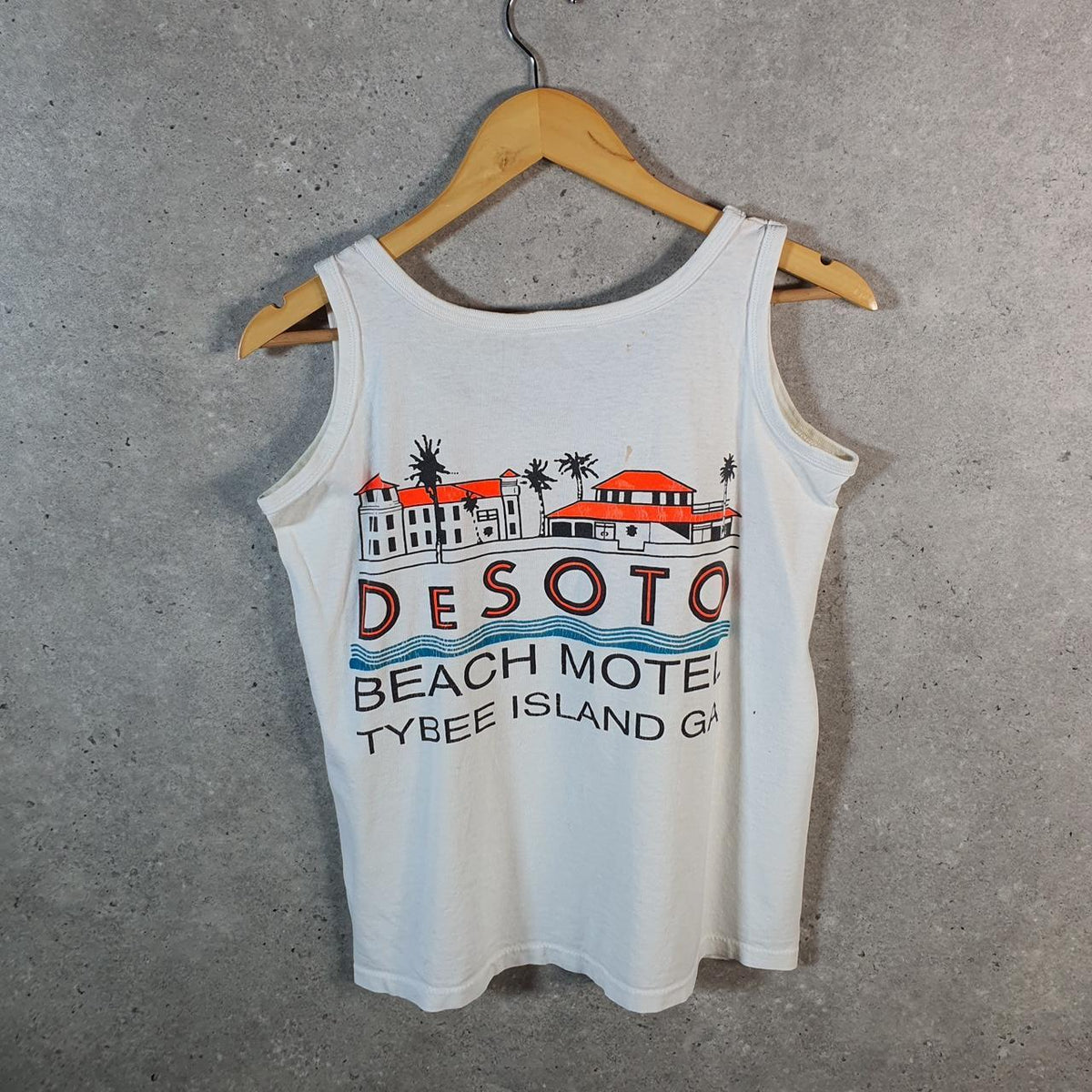 Vintage FLD Desoto Beach Tybee Island 90s Graphic USA Single Stitch Vest Men’s Small White