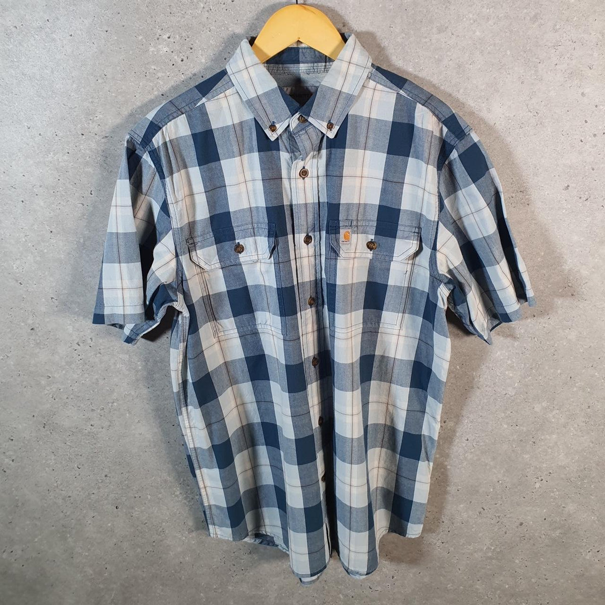 Vintage Carhartt Shirt Button Down Mens Medium Blue Short Sleeve Chore Utility Relaxed