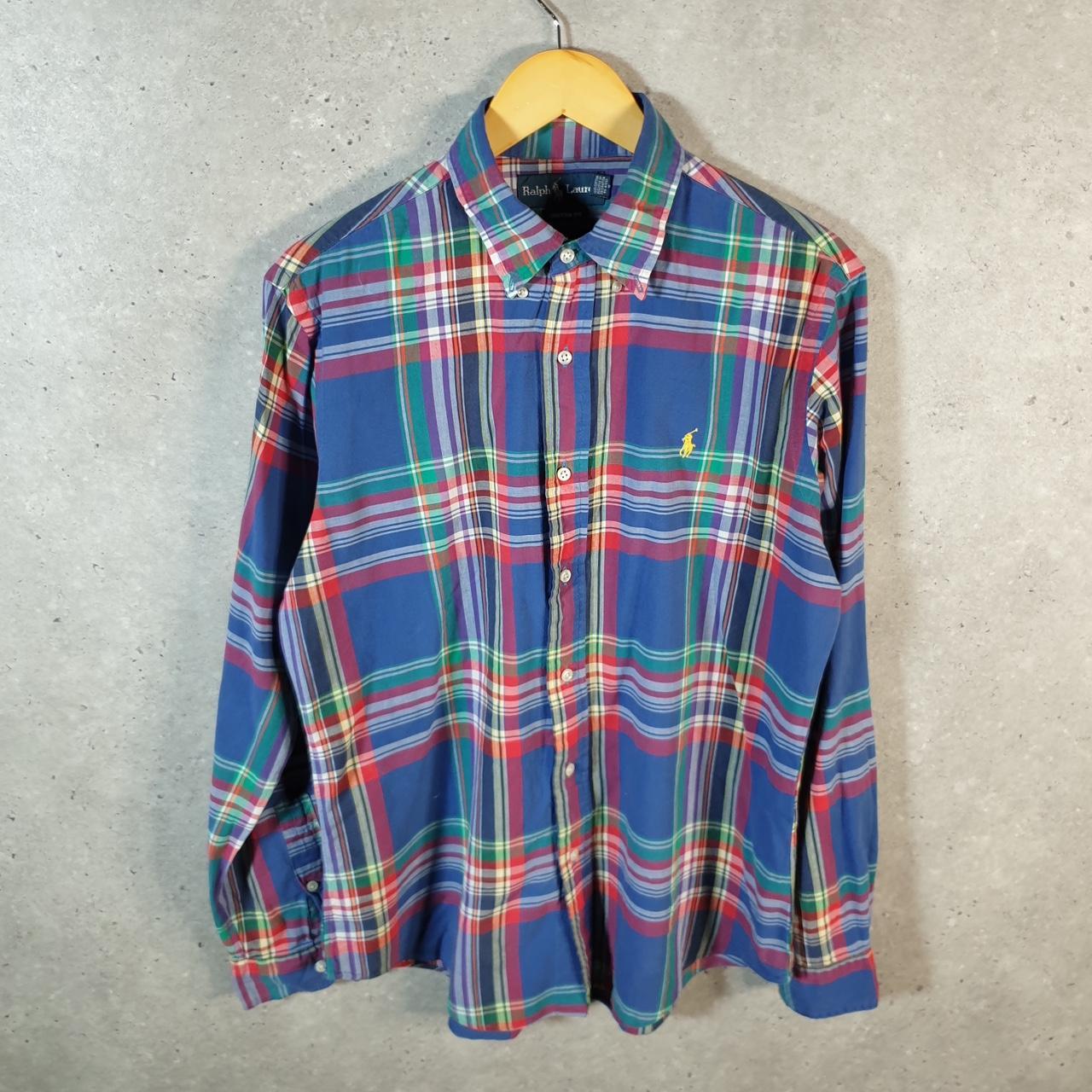Vintage Ralph Lauren Button Down Shirt Men’s Medium Blue Checkered Custom Fit Cotton Pony