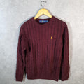 Vintage Ralph Lauren Polo Cable Knit Heavyweight Sweatshirt Womens Medium Burgundy Red Pony C8846