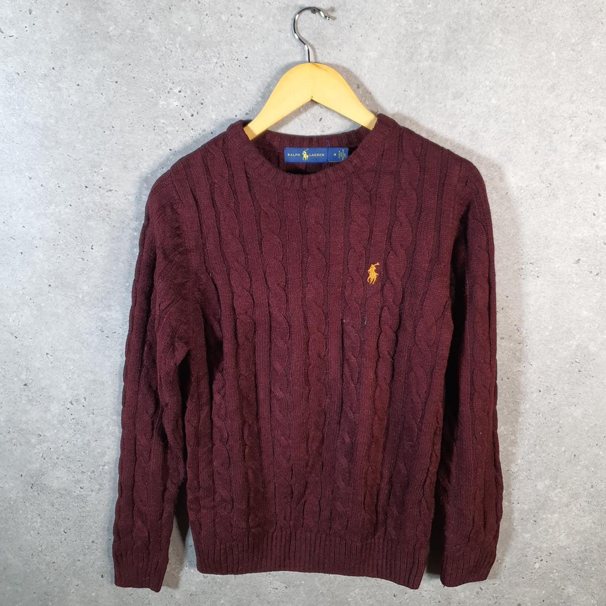 Vintage Ralph Lauren Polo Cable Knit Heavyweight Sweatshirt Womens Medium Burgundy Red Pony C8846