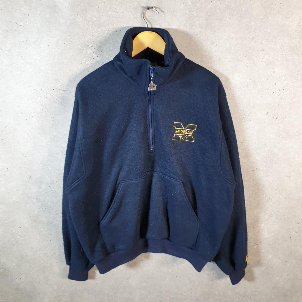 Vintage Starter 90s Korea Michigan 1/4 Zip Fleece Sweatshirt Mens XL Navy Blue Logo