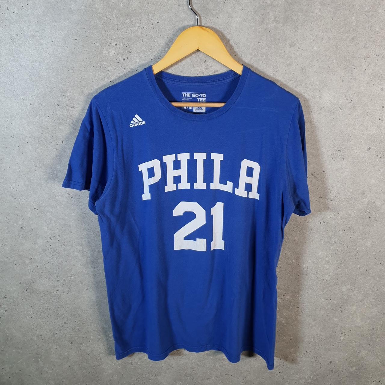 Vintage Adidas Philadelphia 76Ers NBA T Shirt Men’s Medium Blue Three Stripes Logo Athletic