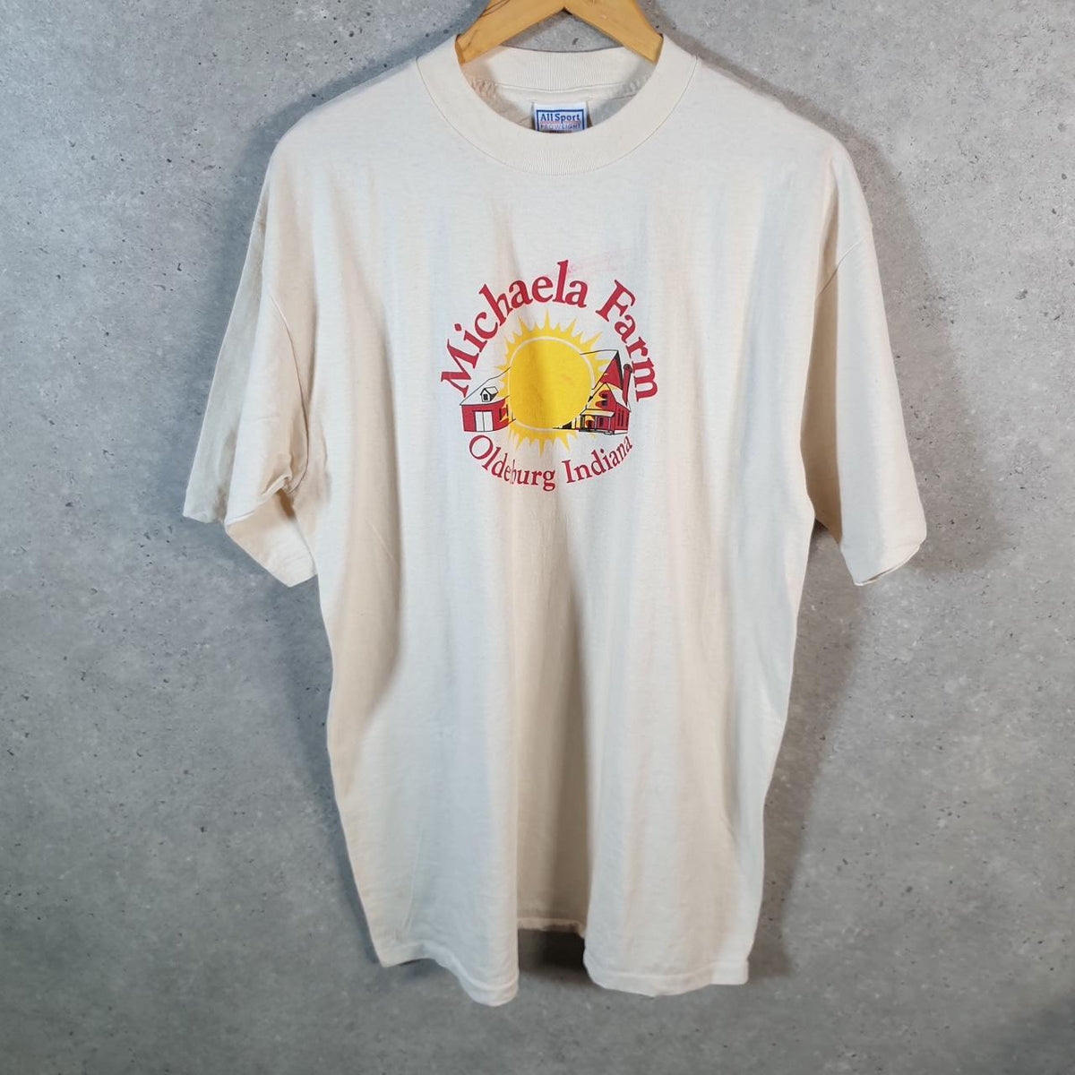 Vintage AllSport USA Michaela Farm Indiana 90s Single Stitch T Shirt Men’s XL White Big Fish Vintage