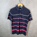 Vintage Tommy Hilfiger Polo Shirt Men’s Medium Navy Blue Striped Custom Fit Embroidered Logo
