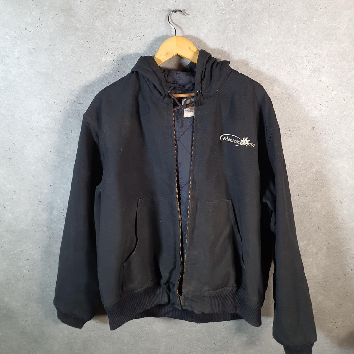Vintage Carhartt 90s Active Hooded Jacket Men’s Large Black Workwear J133 BLK Canvas USA Big Fish Vintage