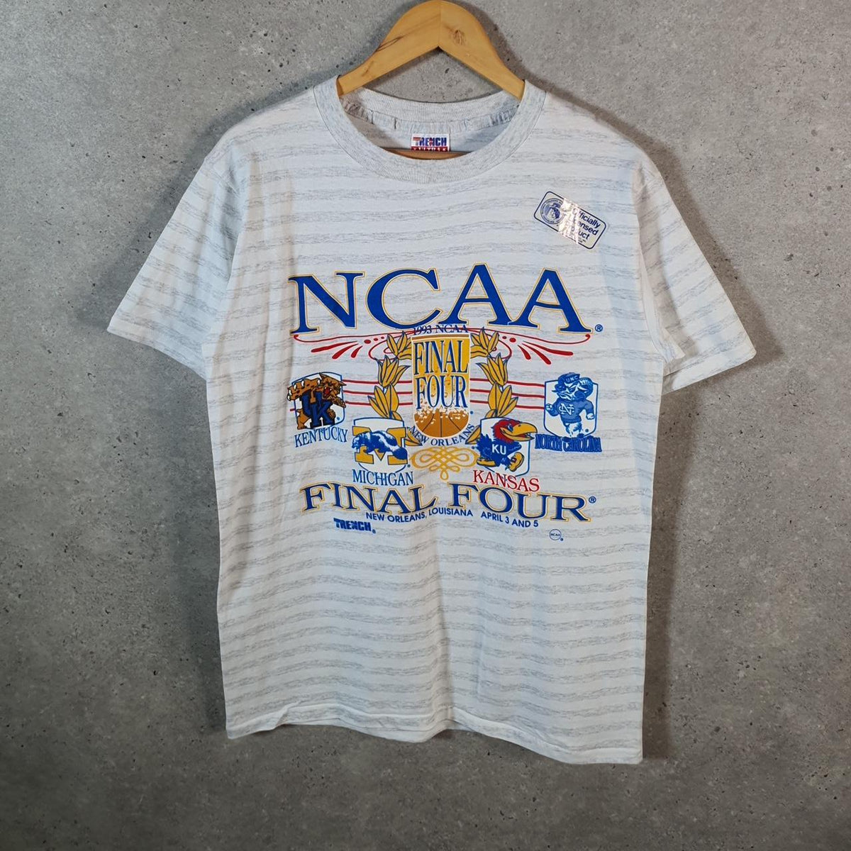 Vintage Trench NCAA Final Four 1993 New Orleans Single Stitch T Shirt Men’s Medium Grey Striped