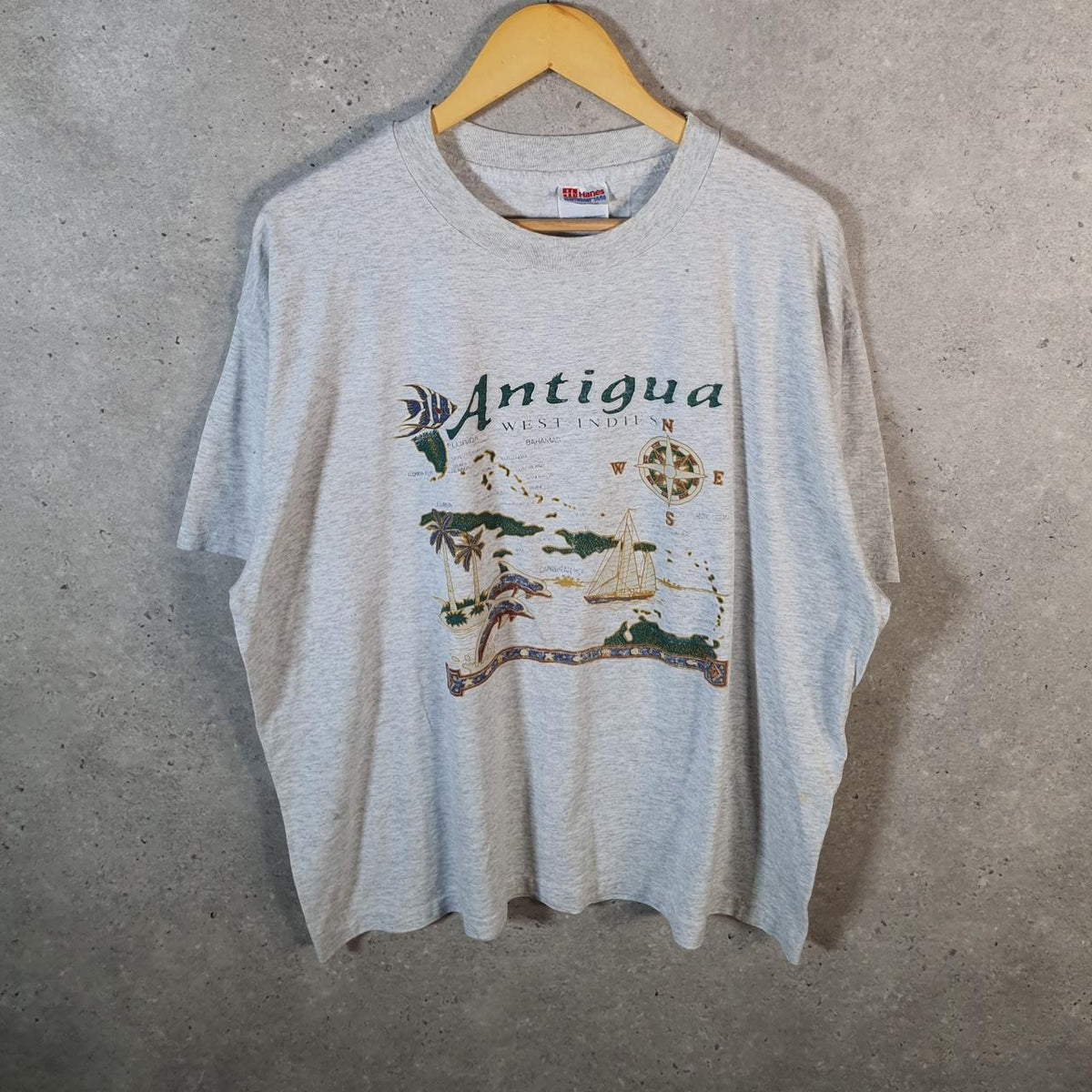Vintage Hanes Antigua West Indies Map 90s USA Single Stitch T Shirt Men’s XL Grey