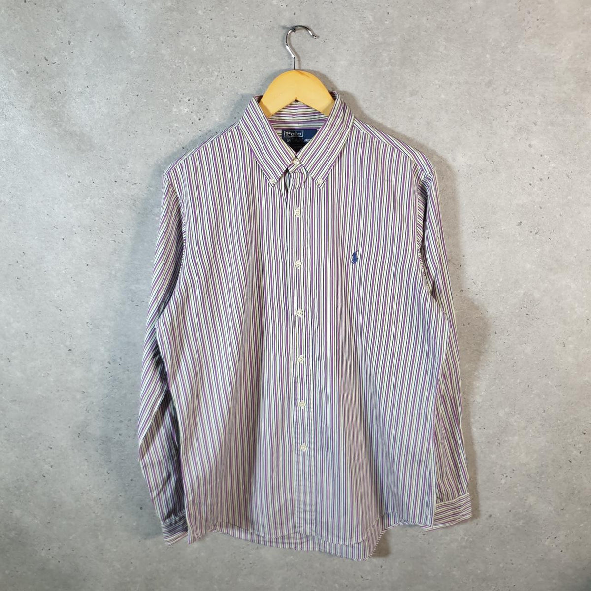 Vintage Ralph Lauren Button Down Shirt Men’s Large Purple Striped Custom Fit Cotton Pony