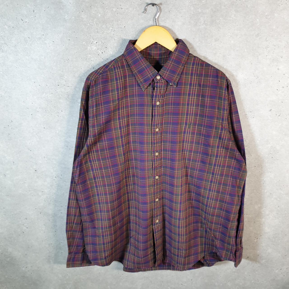 Vintage Ralph Lauren Button Down Shirt Men’s XL Burgundy Checkered Cotton Pony