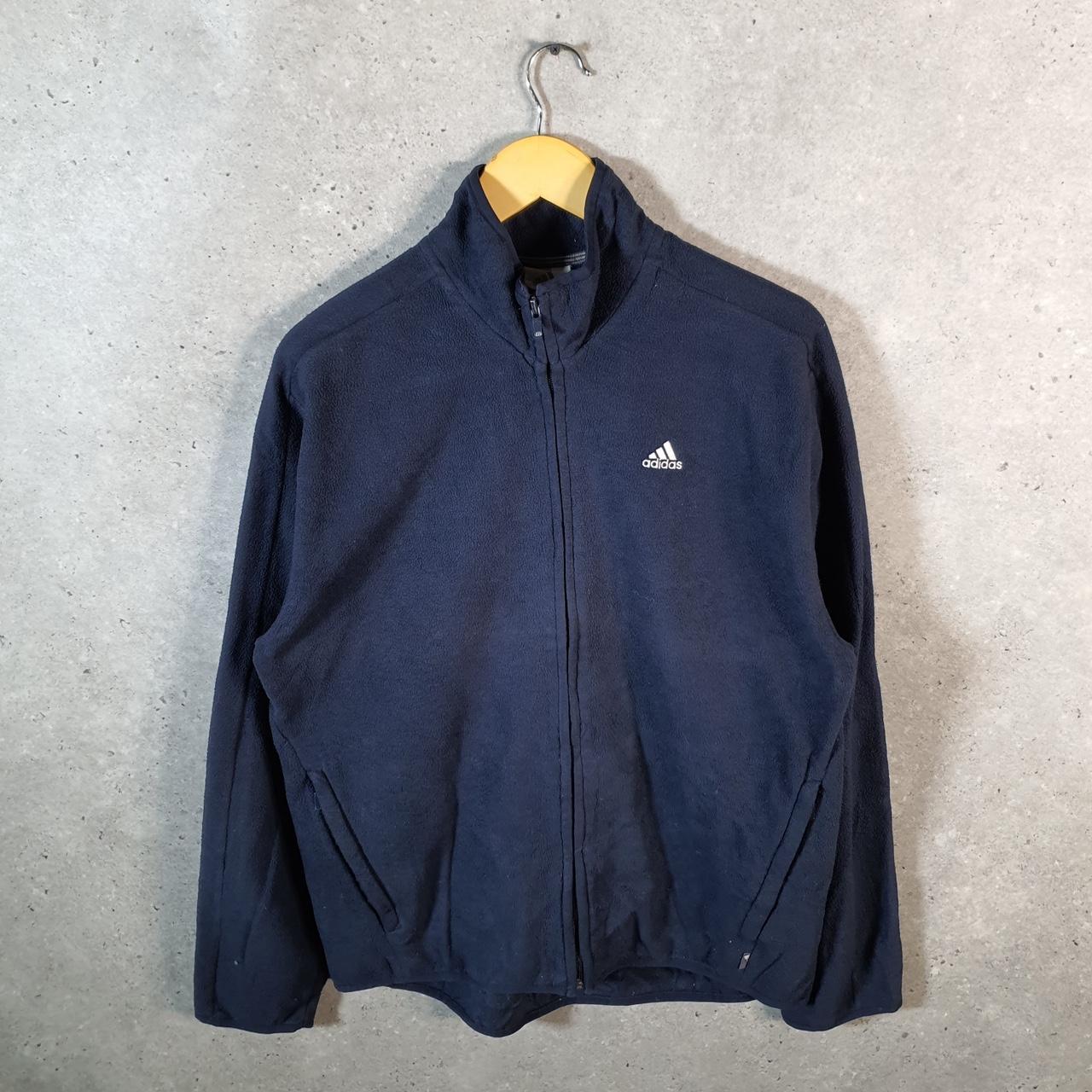 Vintage Adidas Full Zip Fleece Sweatshirt Mens Medium Navy Blue Spellout Logo Winter