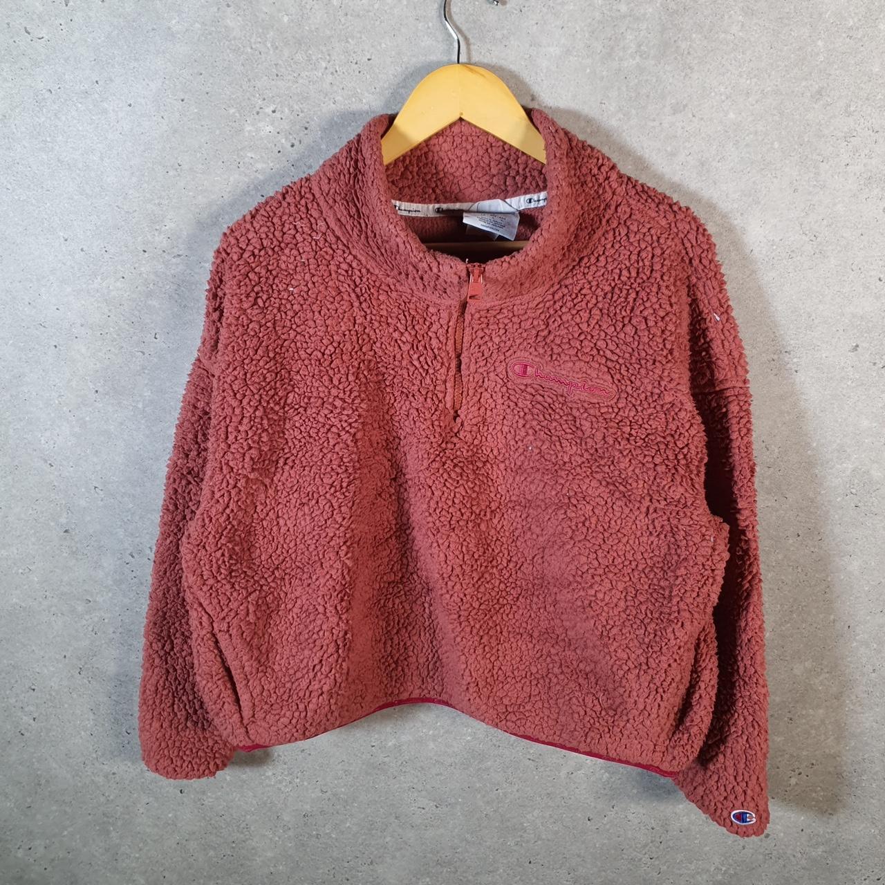 Vintage Champion 1/4 Zip Fleece Sweatshirt Womens Large Pink Teddy Pullover Logo