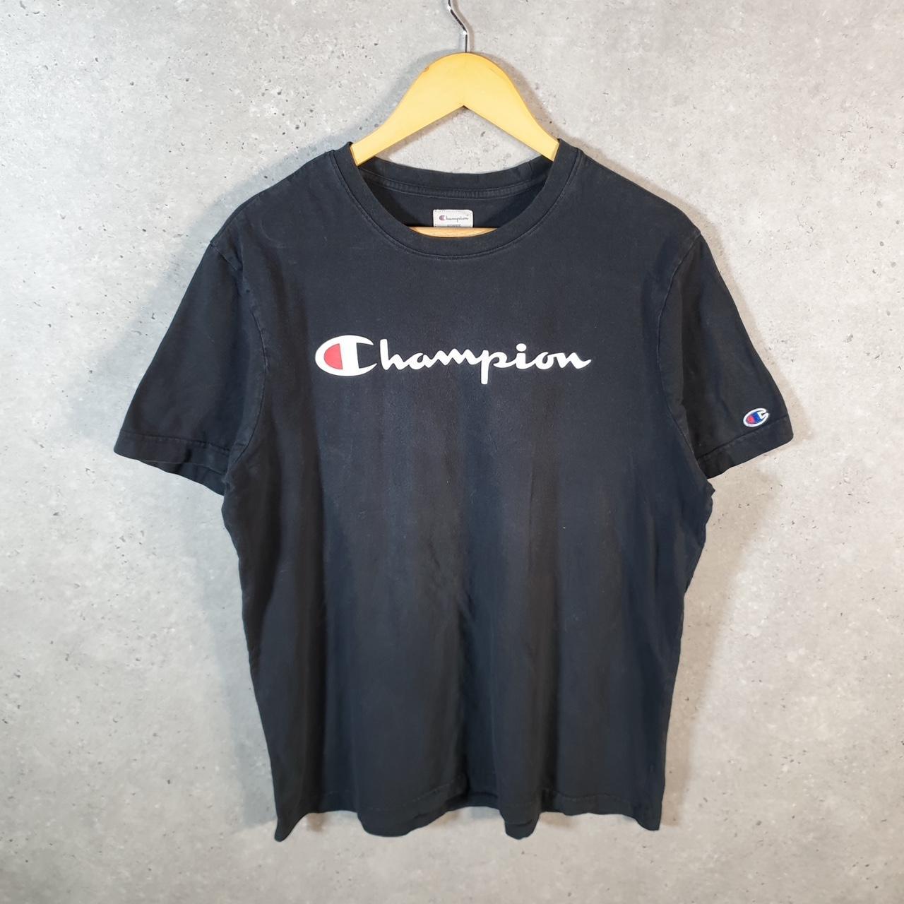 Vintage Champion Spellout Embroidered T Shirt Men’s Large Black Casual Blank Athletic