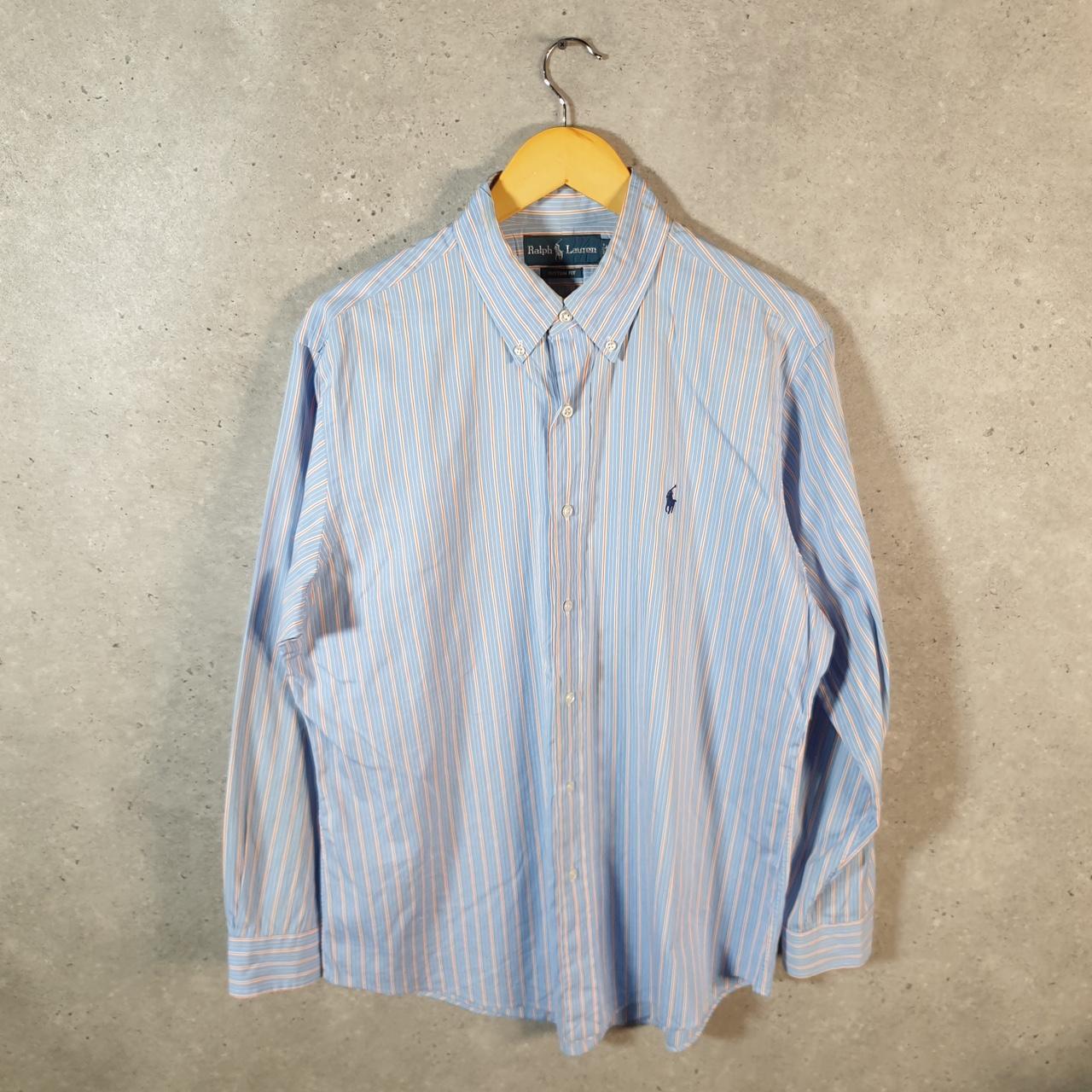 Vintage Ralph Lauren Button Down Shirt Men’s Large Blue Custom Fit Striped Pony