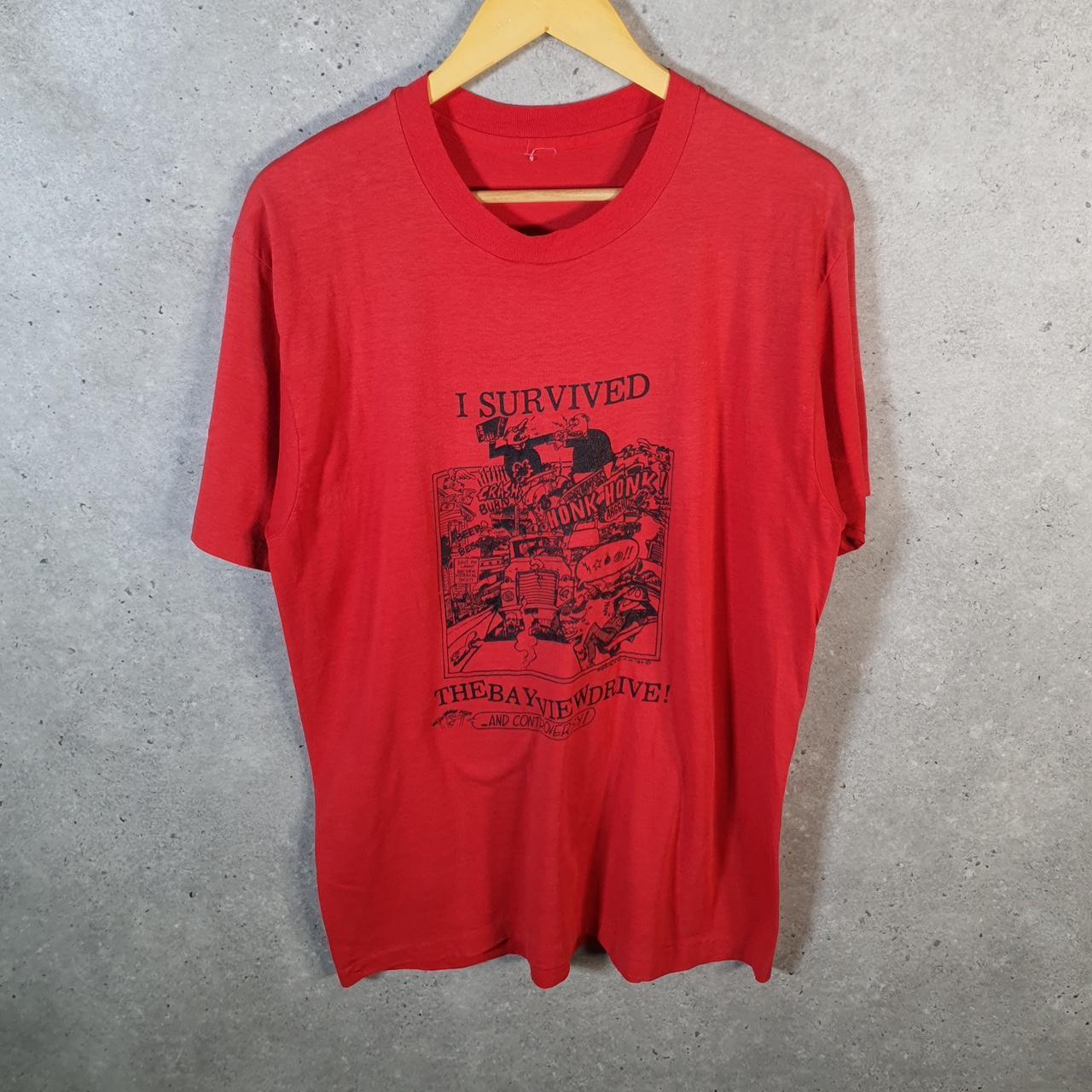 Vintage I Survived Bayview Drive 1989 USA Single Stitch T Shirt Men’s Medium Red