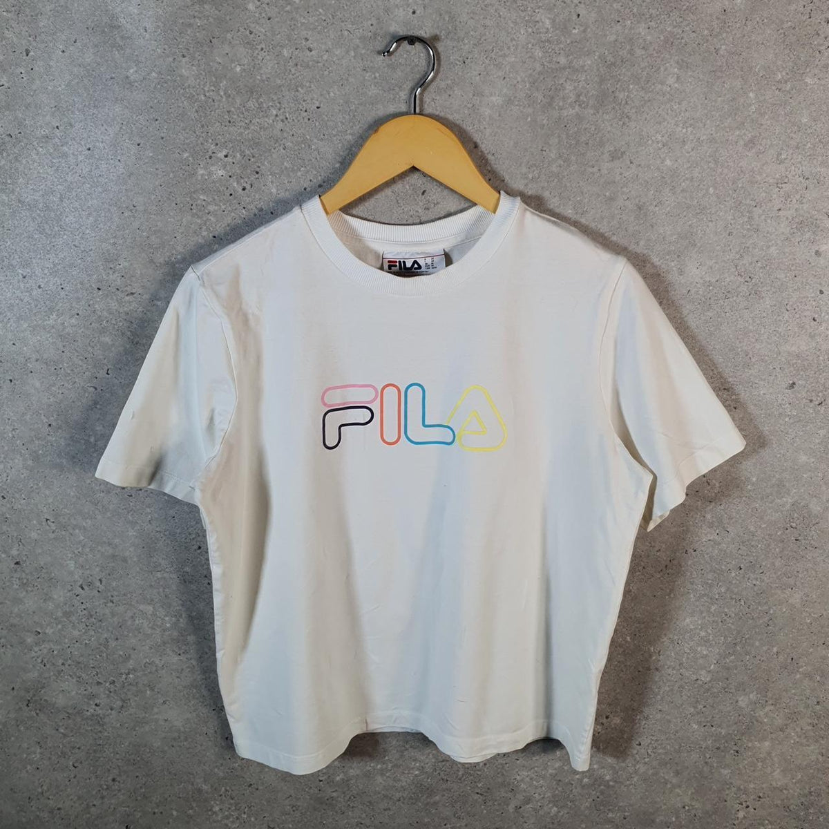Vintage Fila Spellout Logo Cropped T Shirt Womens Medium White Athletic C9826