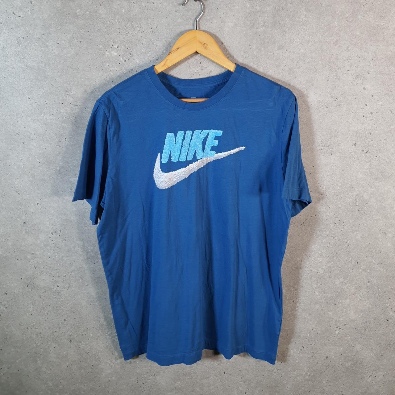 Vintage Nike Club T Shirt Men’s Large Blue Printed Single Swoosh Logo Athletic Big Fish Vintage