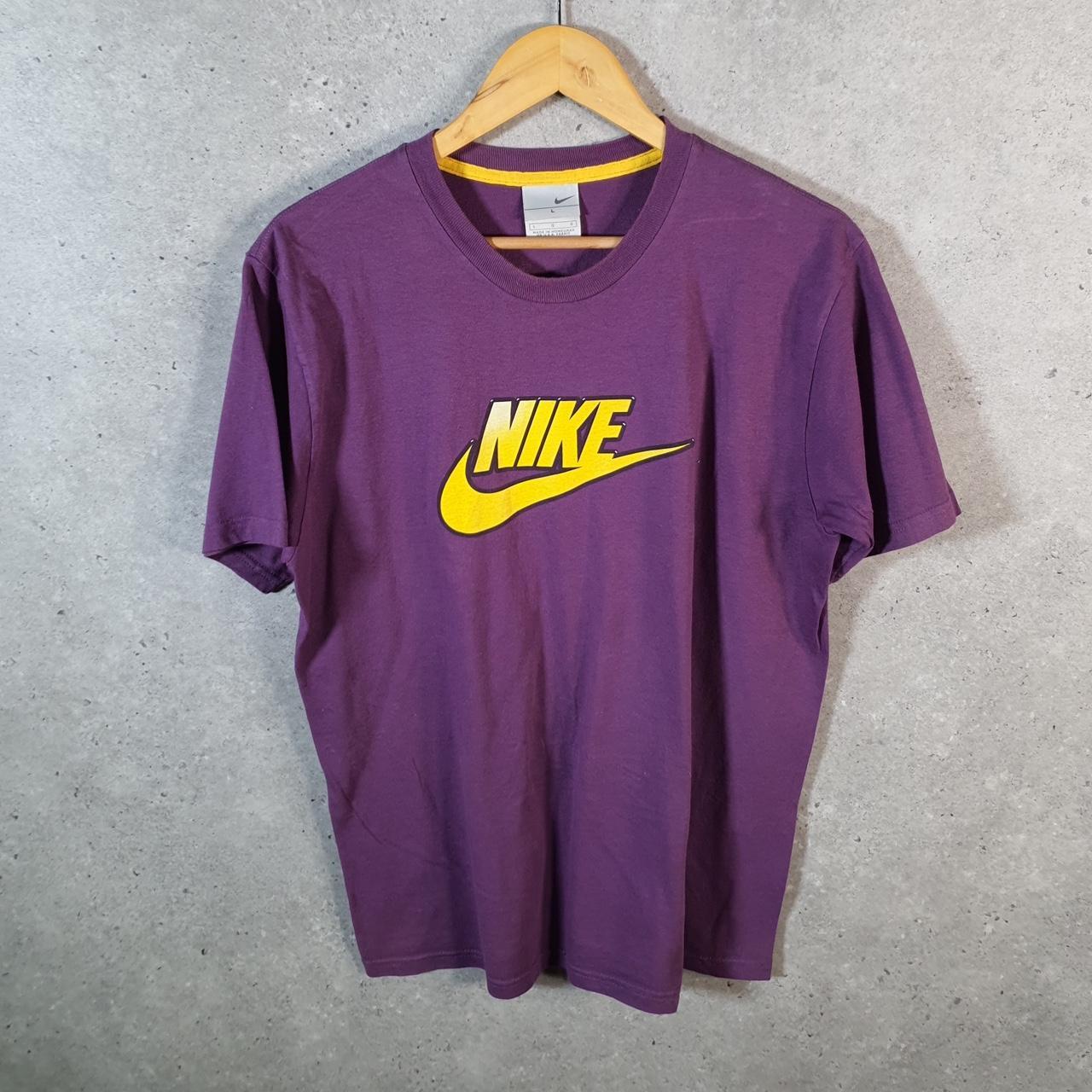 Vintage Nike 90s USA T Shirt Men’s Large Purple Spellout Single Swoosh Logo Athletic Big Fish Vintage