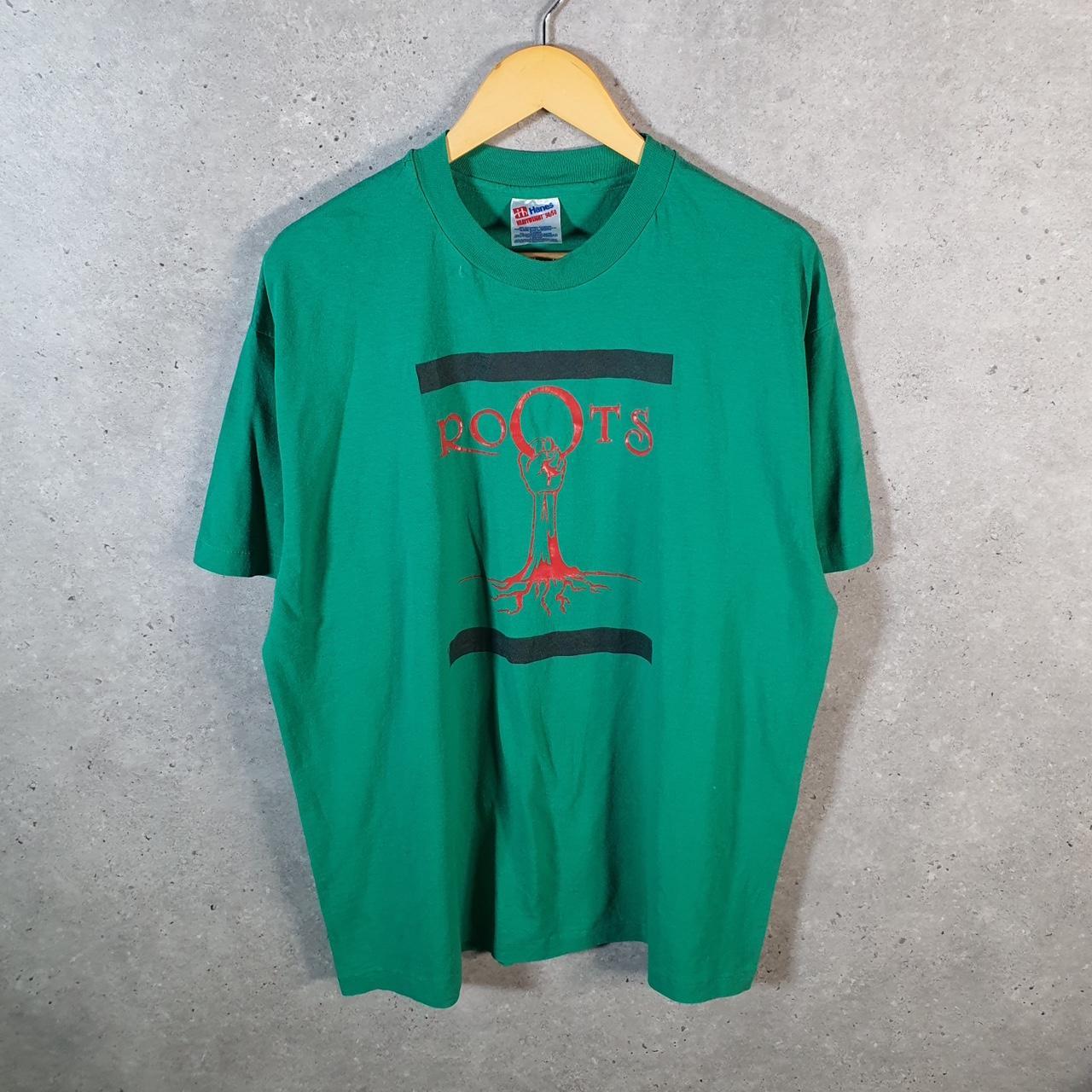 Vintage Hanes Roots Graphic 90s USA Single Stitch T Shirt Men’s XL Green