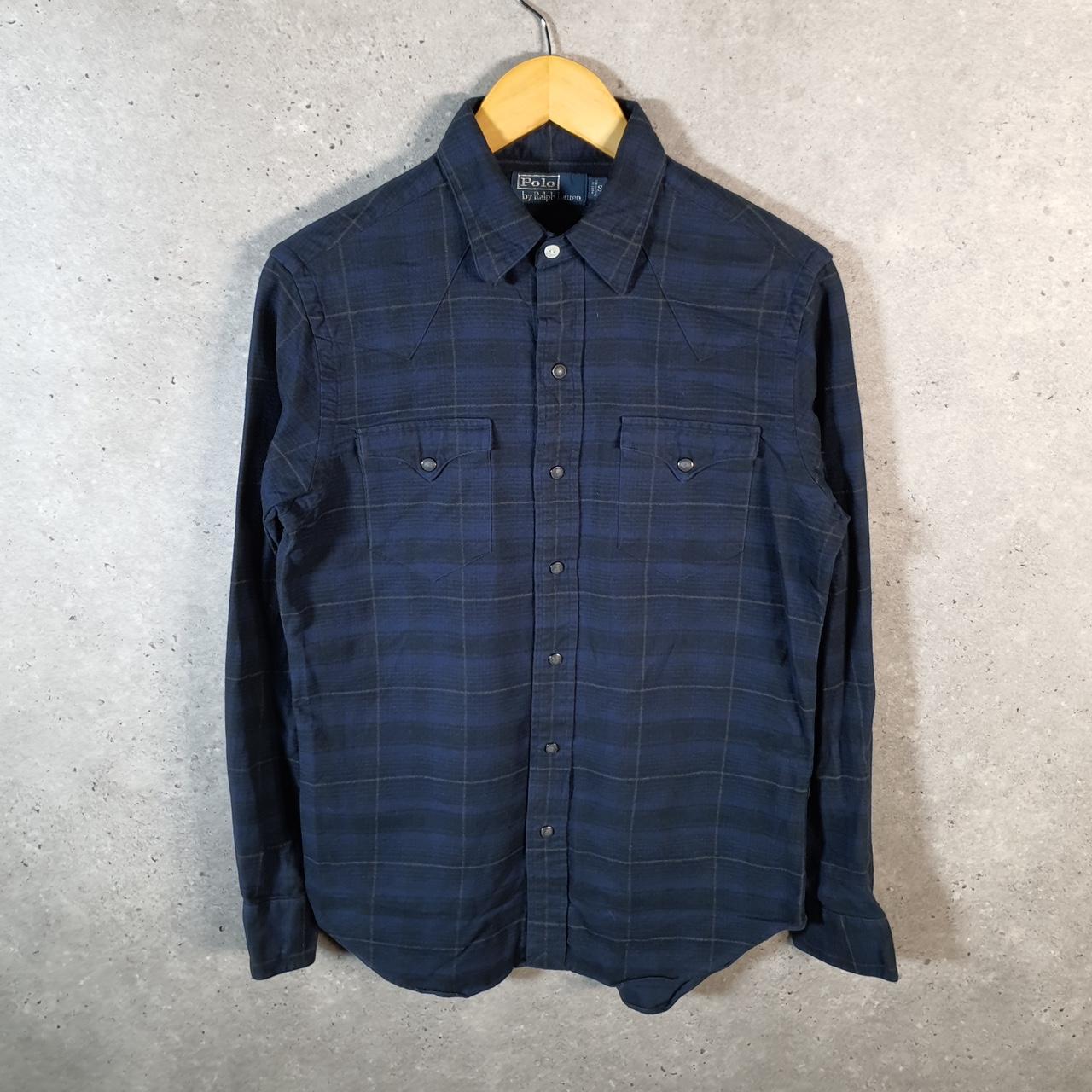 Vintage Ralph Lauren Button Down Shirt Men’s Small Navy Blue Checkered Pockets
