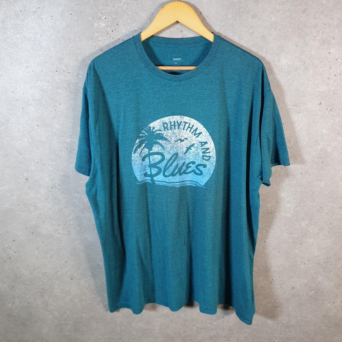 Vintage Sonoma Rhythm and Blues Graphic T Shirt Men’s 2XL Blue Casual Sports Logo