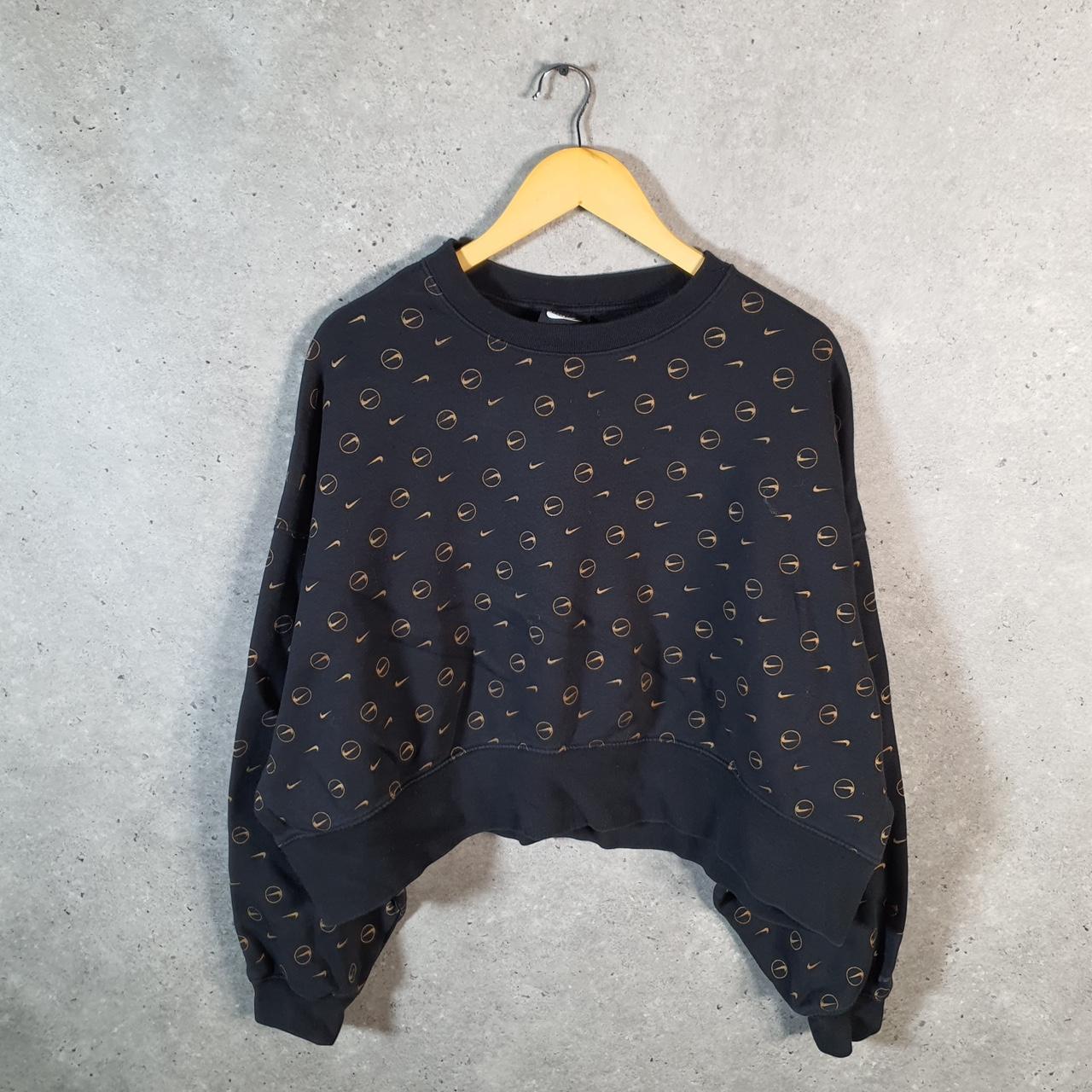 Vintage Nike All Over Cropped Sweatshirt Womens M Black Swoosh Y2K Pullover Logo