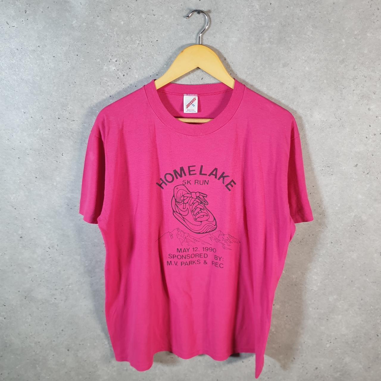 Vintage Jerzees Home Lake 5K Run 1990 USA Single Stitch T Shirt Men’s XL Pink