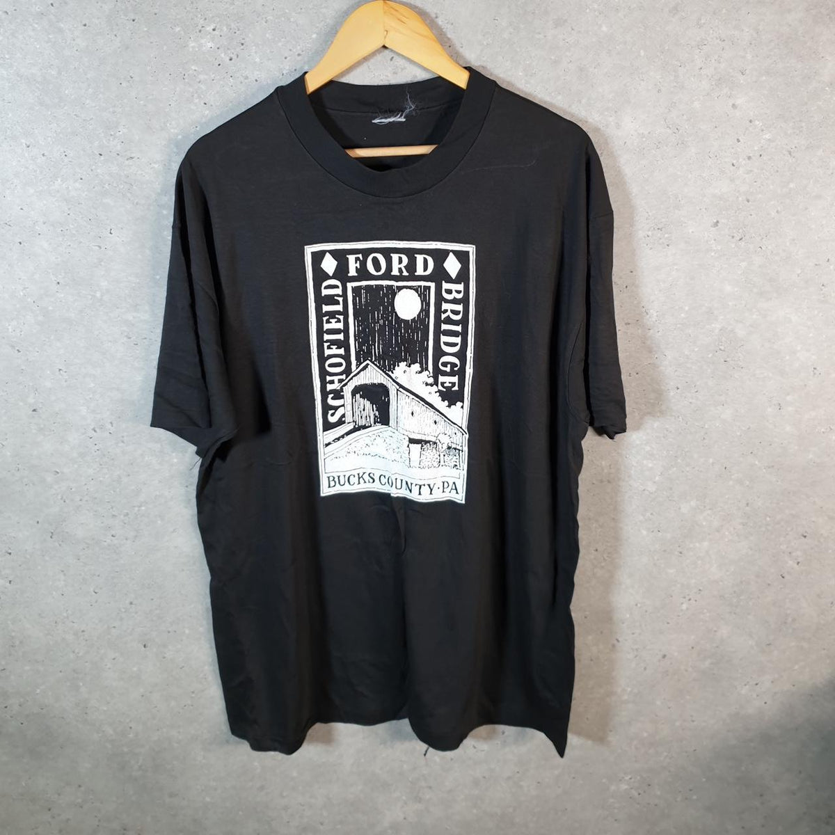 Vintage Schofield Ford Bridge Bucks County PA USA Single Stitch T Shirt Men’s Large Black Big Fish Vintage