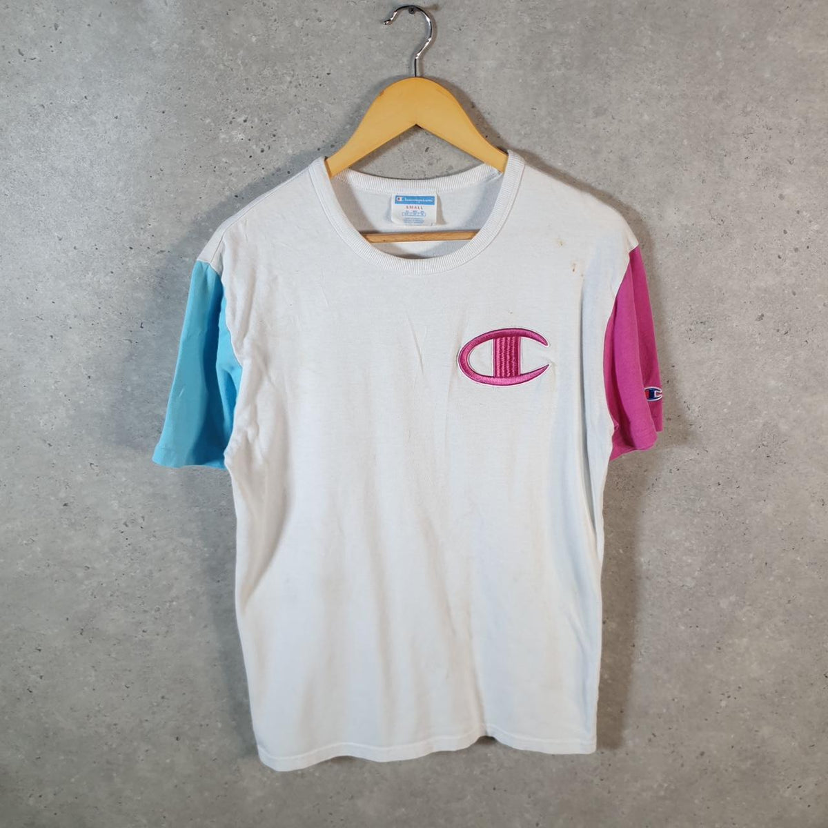 Vintage Champion Embroidered Colour Block T Shirt Men’s Small White American USA Athletic