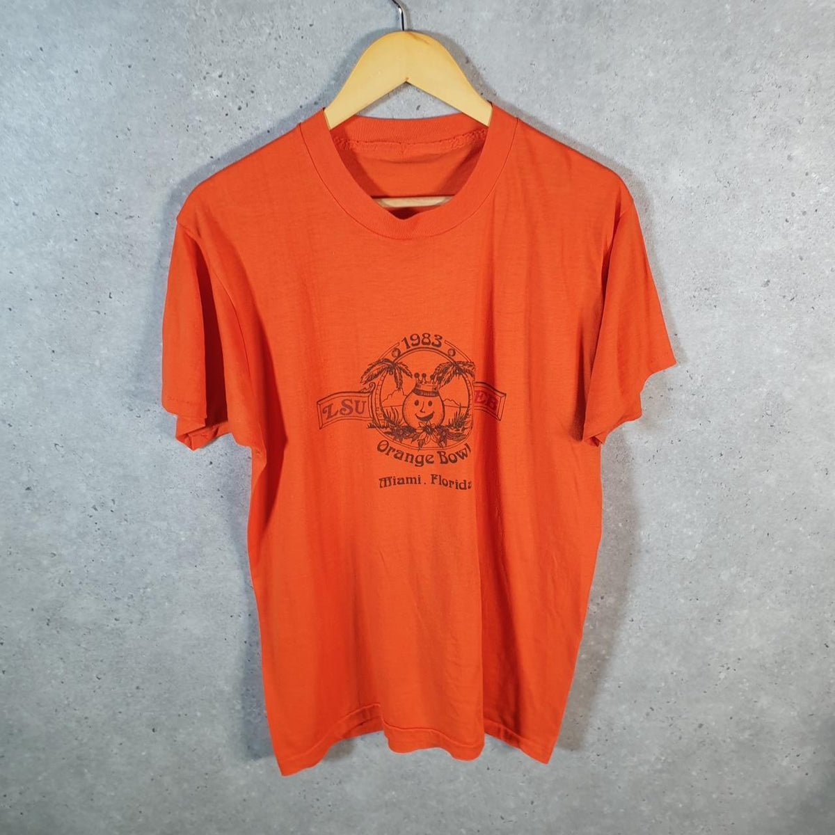 Vintage 1983 Orange Bowl Miami Florida LSU Neb Single Stitch T Shirt Men’s Small Orange