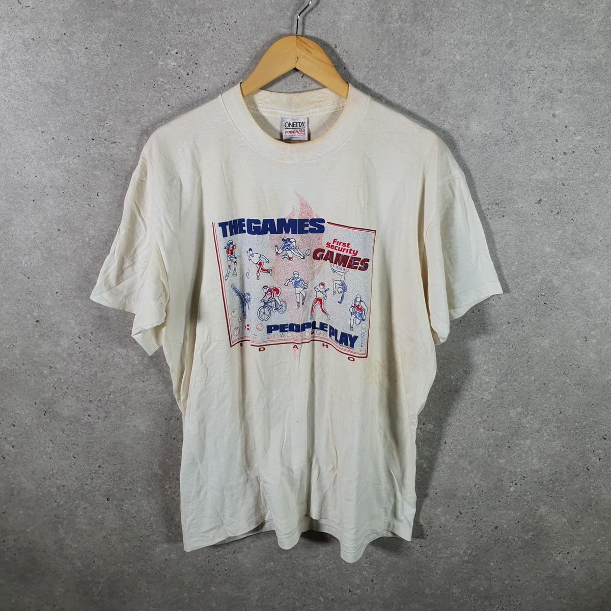 Vintage Oneita Power Idaho Games Security T Single Stitch T Shirt Men’s XL White Big Fish Vintage
