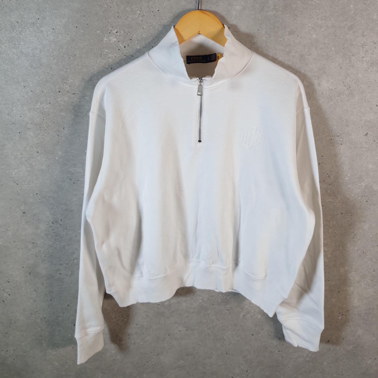 Vintage Ralph Lauren Cropped Polo Sweatshirt Womens Large White 1/4 Zip Pony