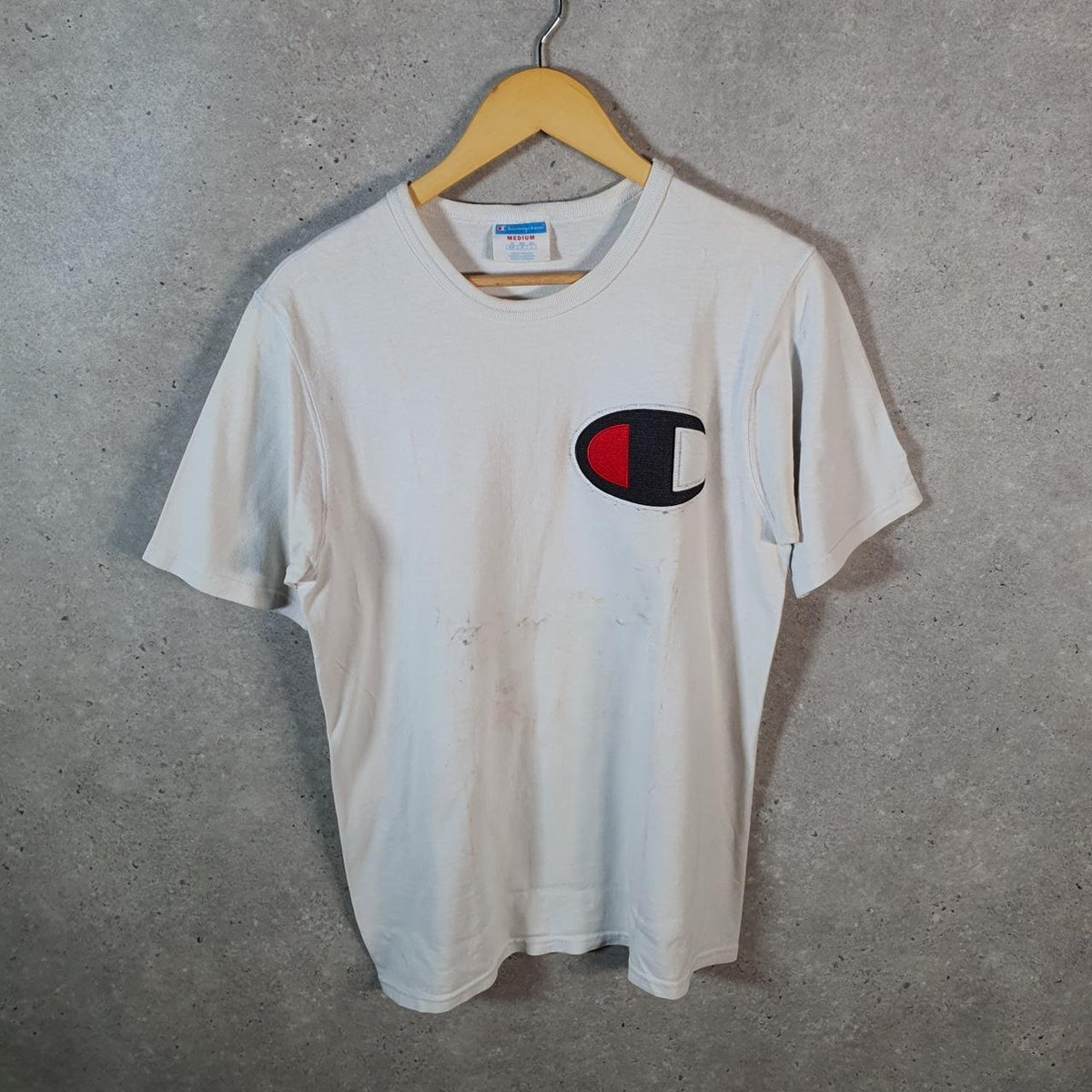 Vintage Champion Spellout T Shirt Men’s Medium White Casual Sports C9579