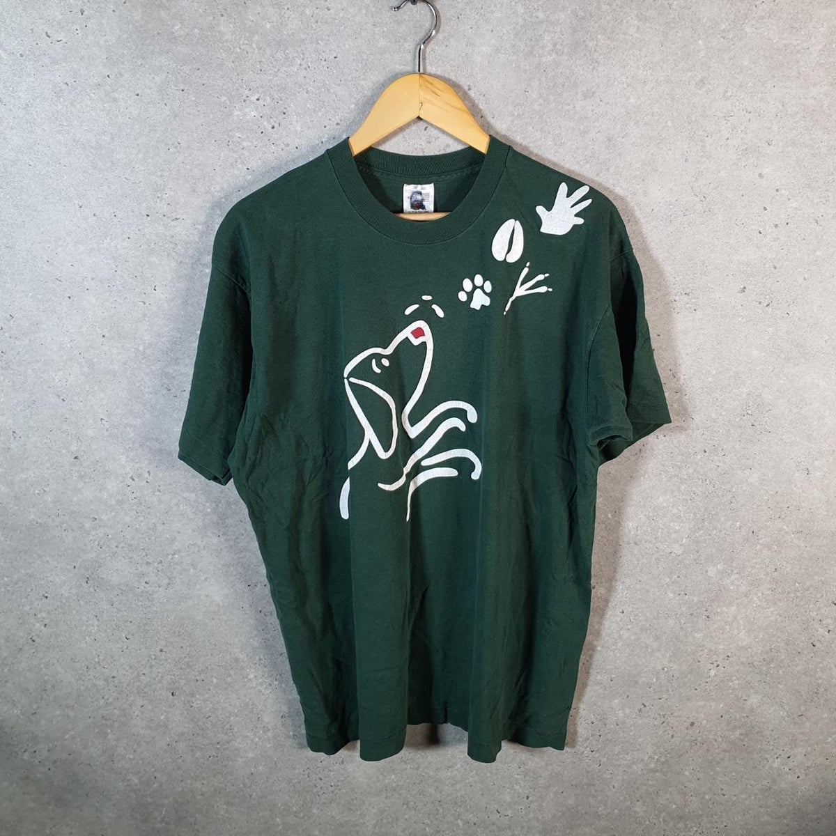 Vintage Fruit of the Loom Dog Montreal Uni 90s USA Single Stitch T Shirt Men’s XL Green Big Fish Vintage