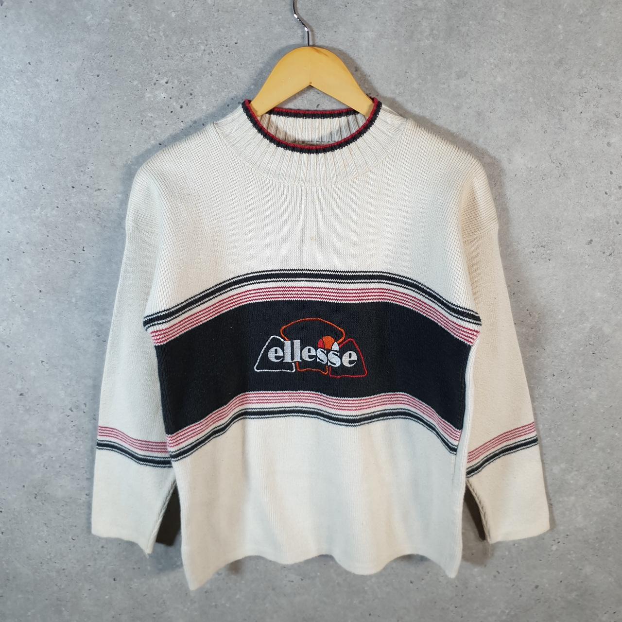 Vintage Ellesse Spellout Knit Sweater Womens Small Cream Y2K Pullover Pocket