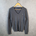 Vintage Ralph Lauren Polo Cable Knit Heavyweight Sweatshirt Womens XL Grey Pony C8864