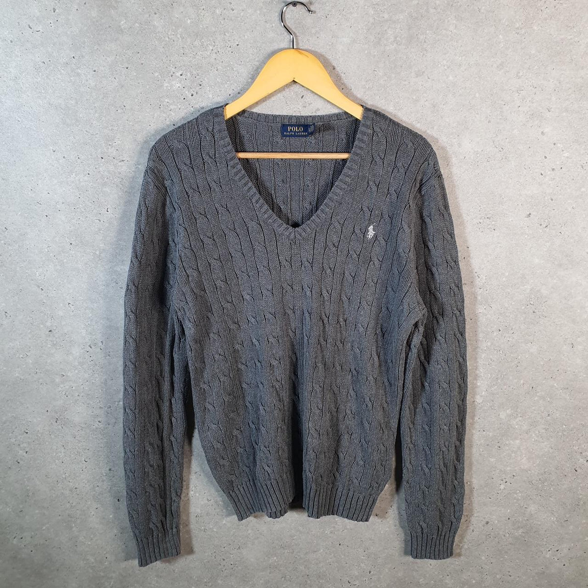 Vintage Ralph Lauren Polo Cable Knit Heavyweight Sweatshirt Womens XL Grey Pony C8864