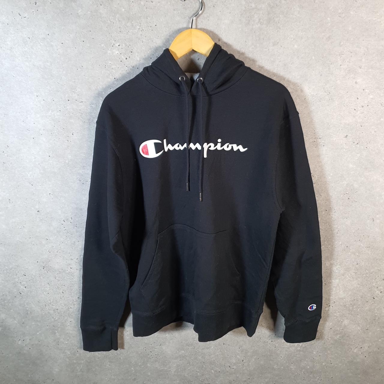 Vintage Champion Hoodie Men’s Medium Black USA Pullover Spellout Logo