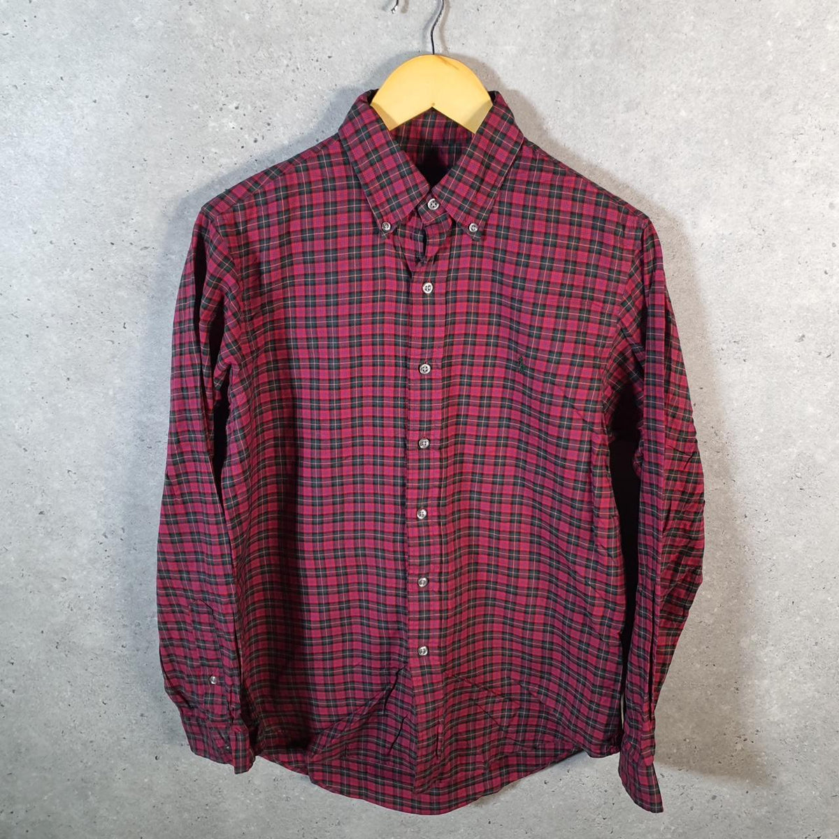 Vintage Ralph Lauren Button Down Shirt Men’s Small Burgundy Checkered Cotton Pony