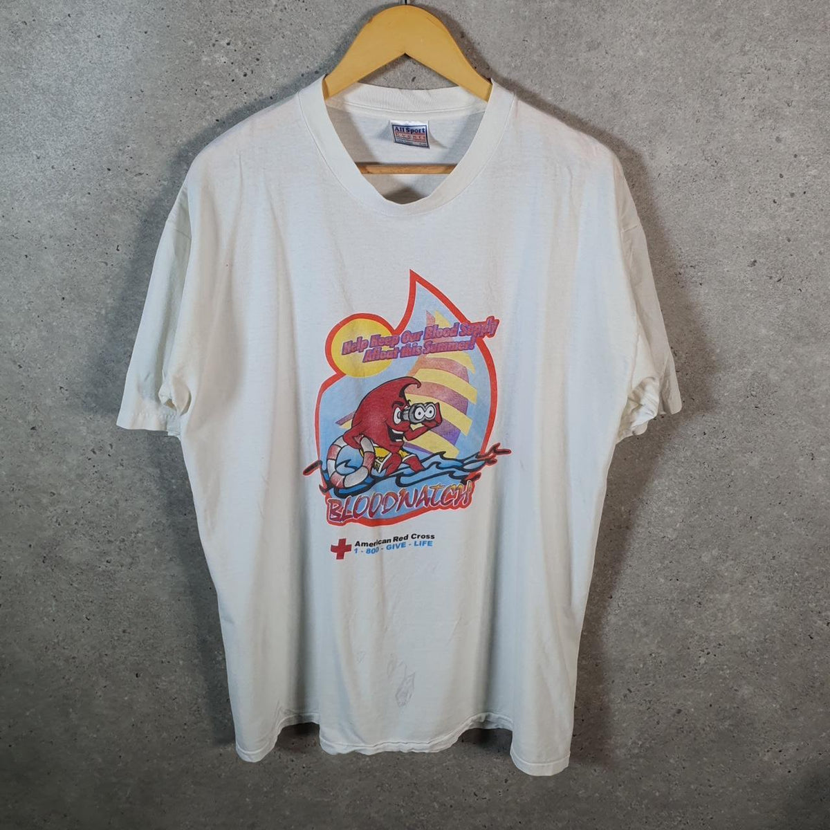 Vintage AllSport Blood Watch Red Cross USA 90s Single Stitch T Shirt Men’s XL White