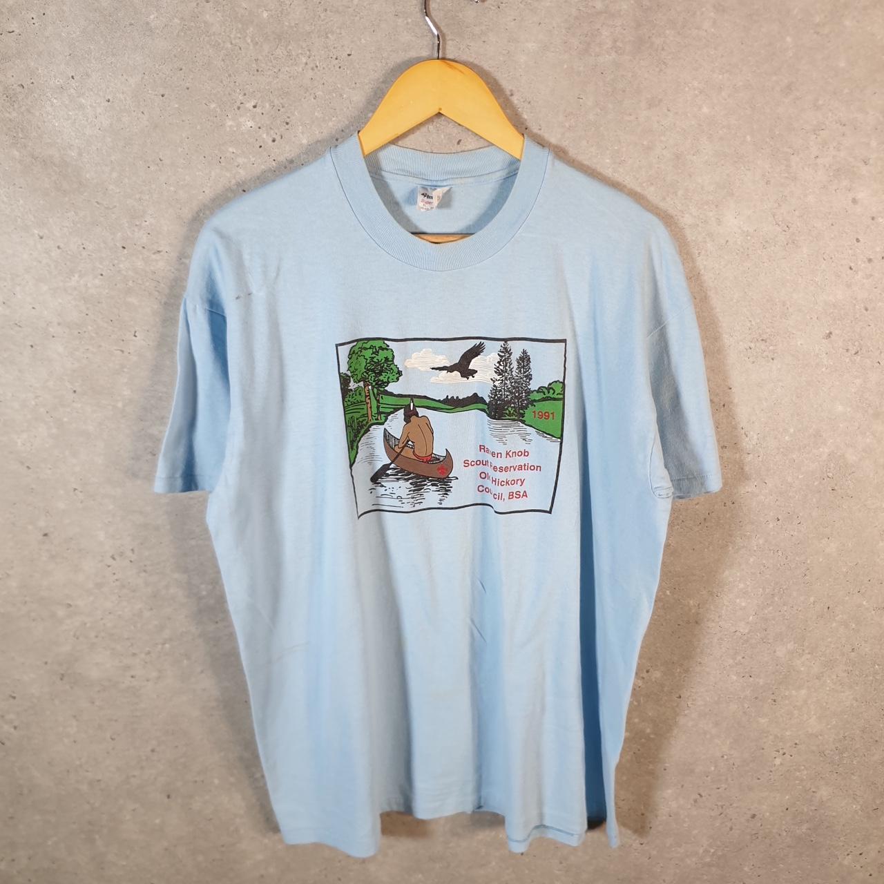 Vintage Stedman Raven Knob Old Hickory Boat 90s USA Single Stitch T Shirt Men’s XL Blue