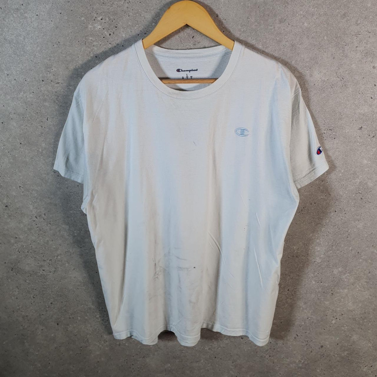 Vintage Champion Embroidered Spellout T Shirt Men’s Large White USA Athletic