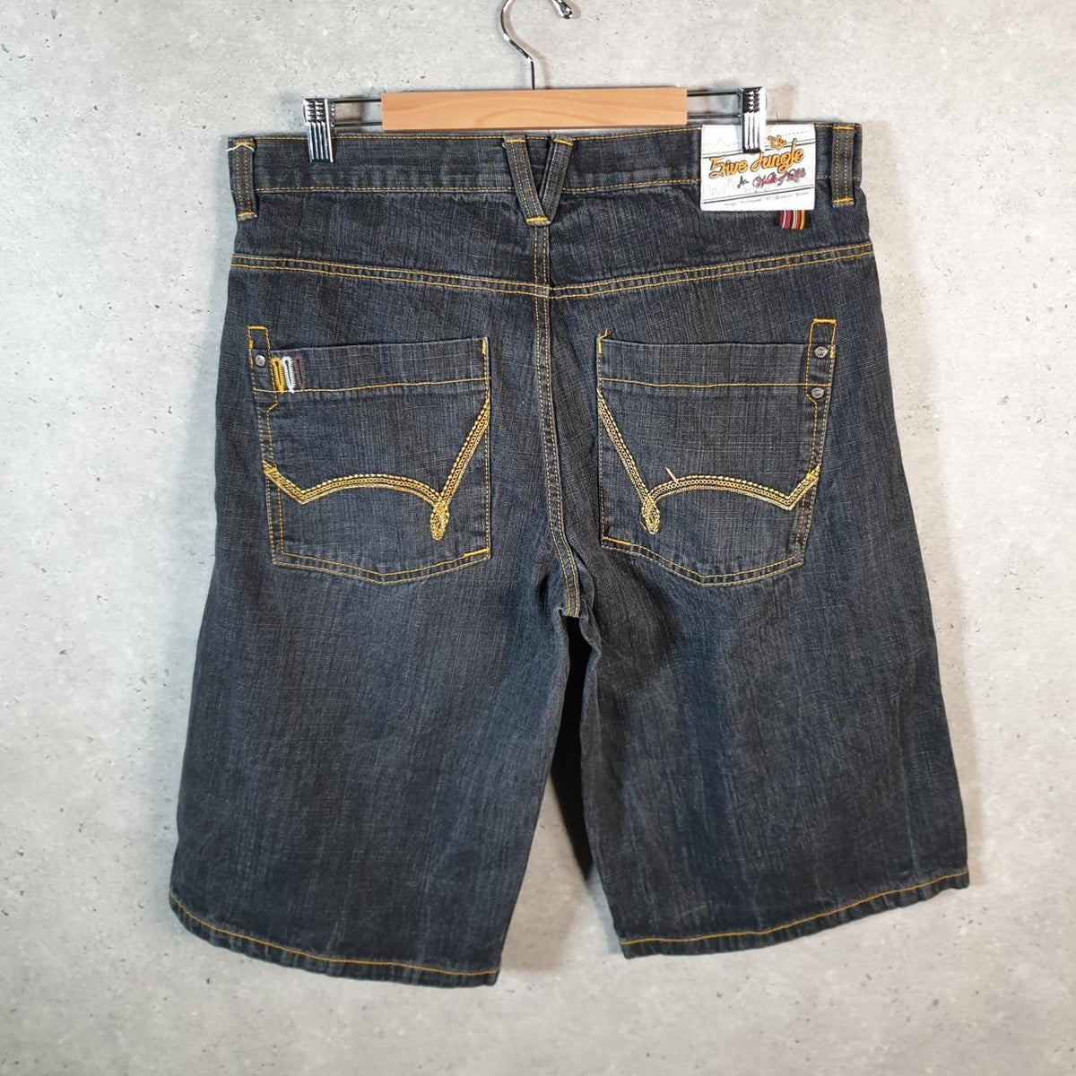 Vintage 5ive Jungle Baggy Y2K Hip Hop Jeans Shorts Jorts Mens W38 Grey Denim USA Big Fish Vintage