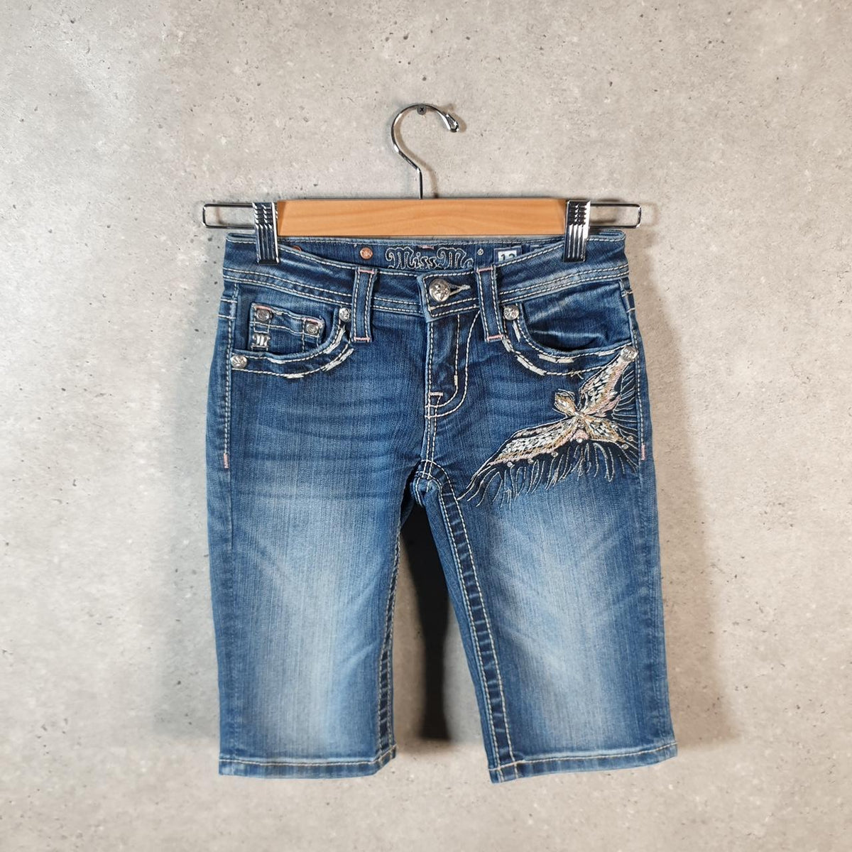 Vintage Miss Me Baggy Y2K Hip Hop Jeans Shorts Jorts Womens W24 Blue Denim Low Rise