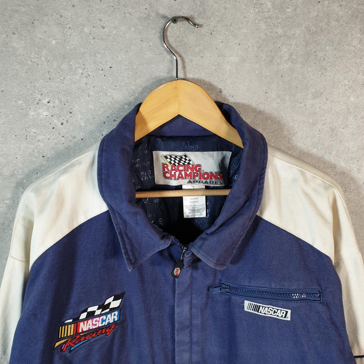Vintage Nascar Racing Champions Motorsports Bomber Jacket Men’s Large Blue Motorcyle Biker USA Big Fish Vintage
