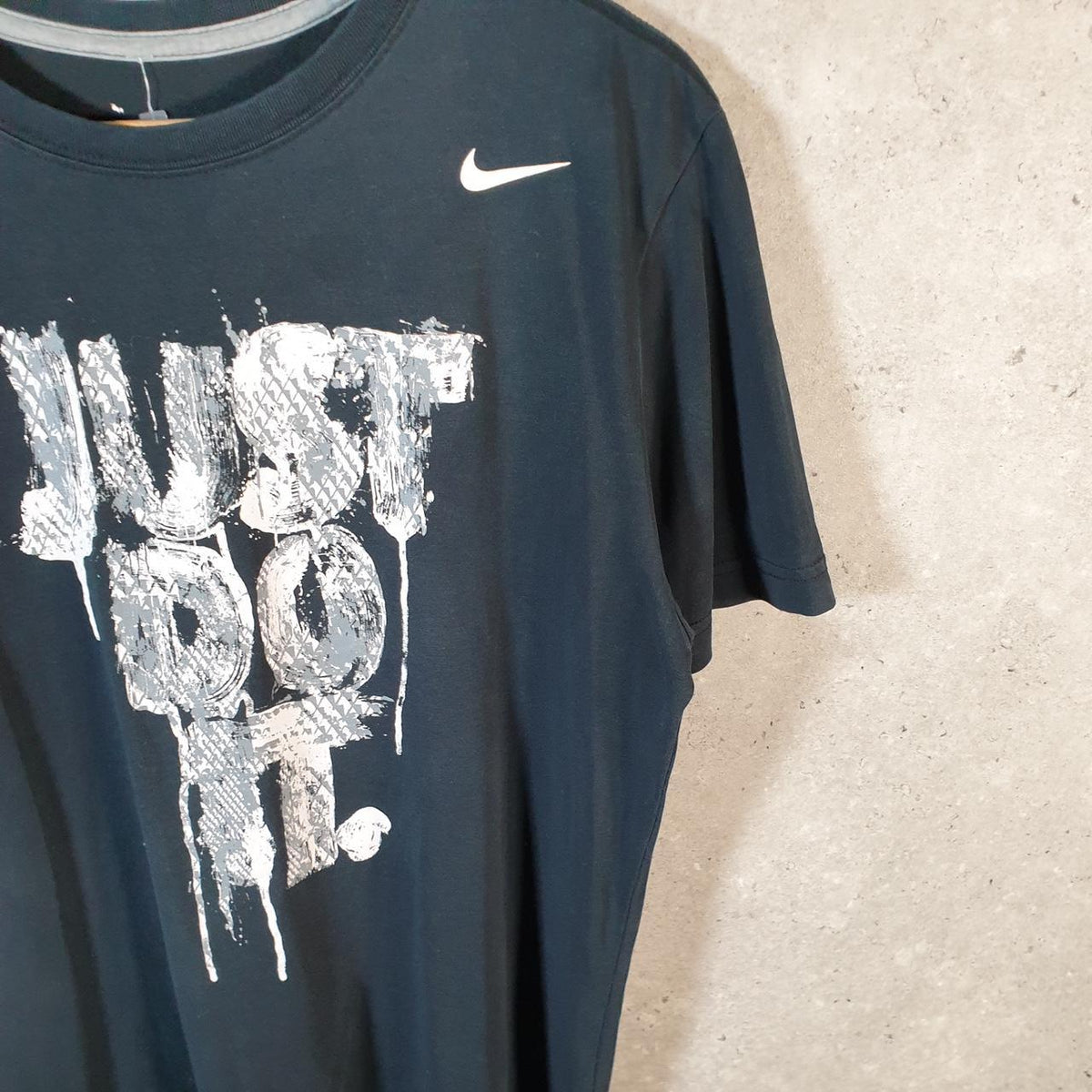 Vintage Nike Just Do It Dri fit Spellout T Shirt Mens Medium Black Logo Swoosh Athletic