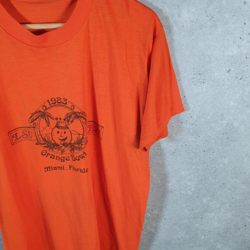Vintage 1983 Orange Bowl Miami Florida LSU Neb Single Stitch T Shirt Men’s Small Orange